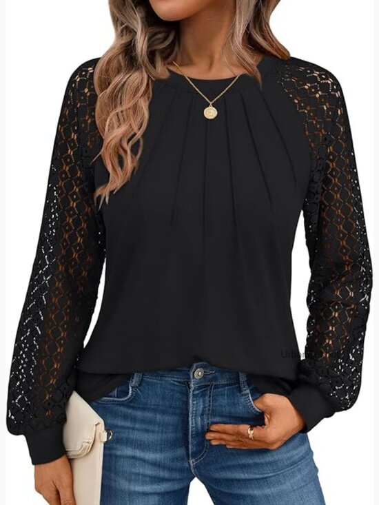 Tops - Womens Long Sleeve Pleated Lace Top Business Casual Blouse